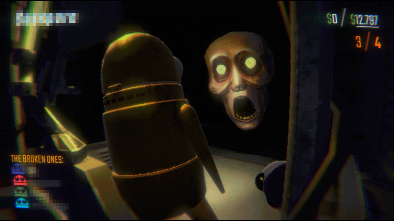 A bean-like figure looks at a screaming ghostly face in REPO