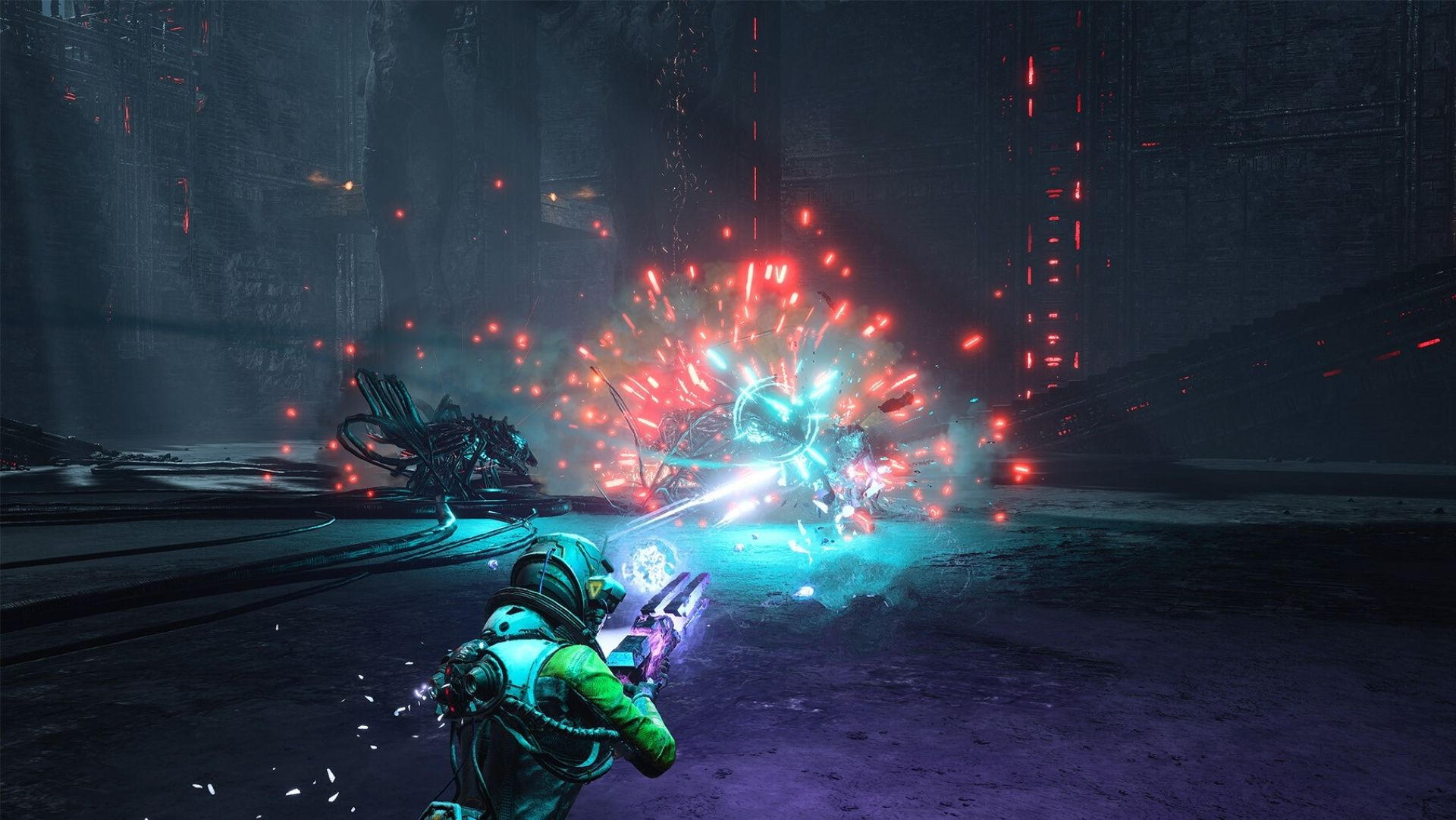 Selene shooting alien enemies in Returnal.