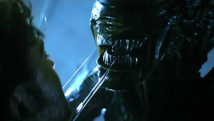 A Xenomorph attacking a human, teeth-first, in Alien: Earth