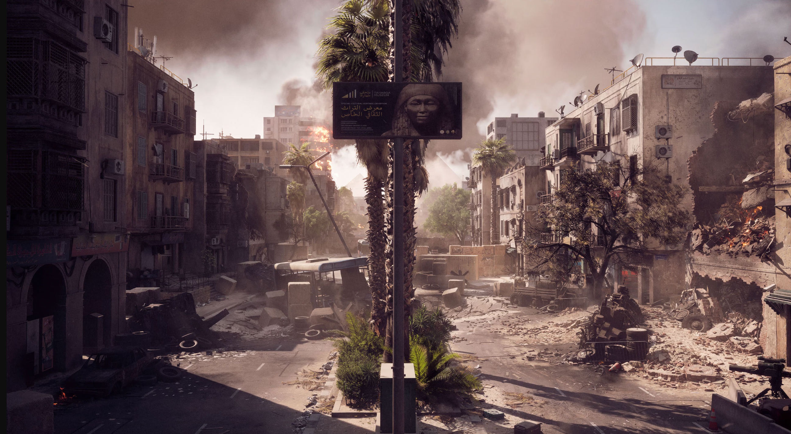 A map in Battlefield 6, which features a number of destroyed buildings and some palm trees. 