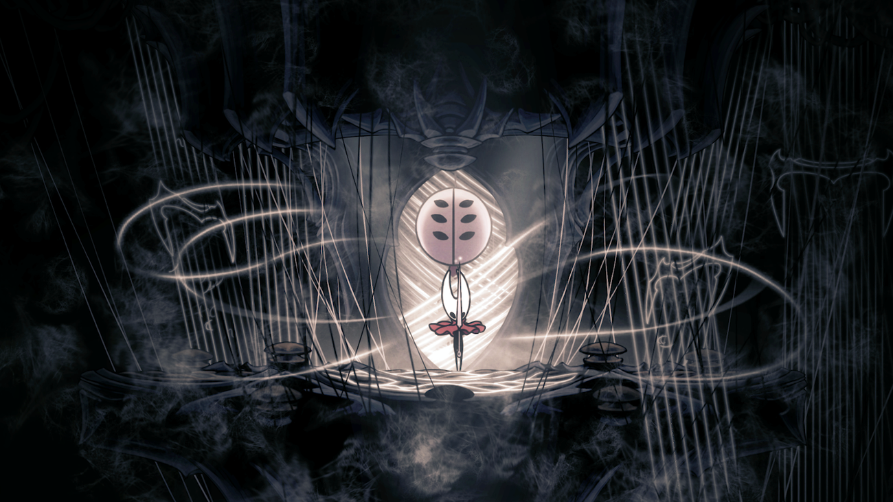 Hornet stands on a platform in key art for Hollow Knight Silksong