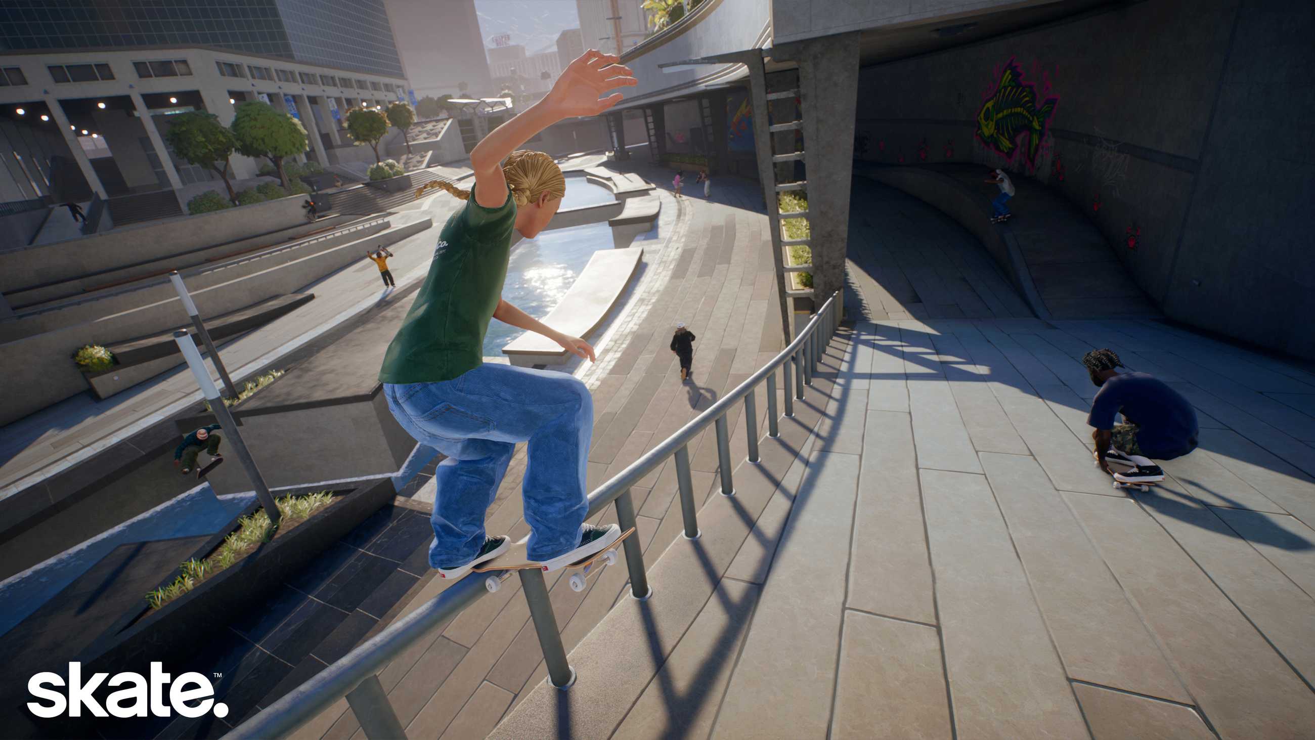 A skater grinds on a rail in Skate.