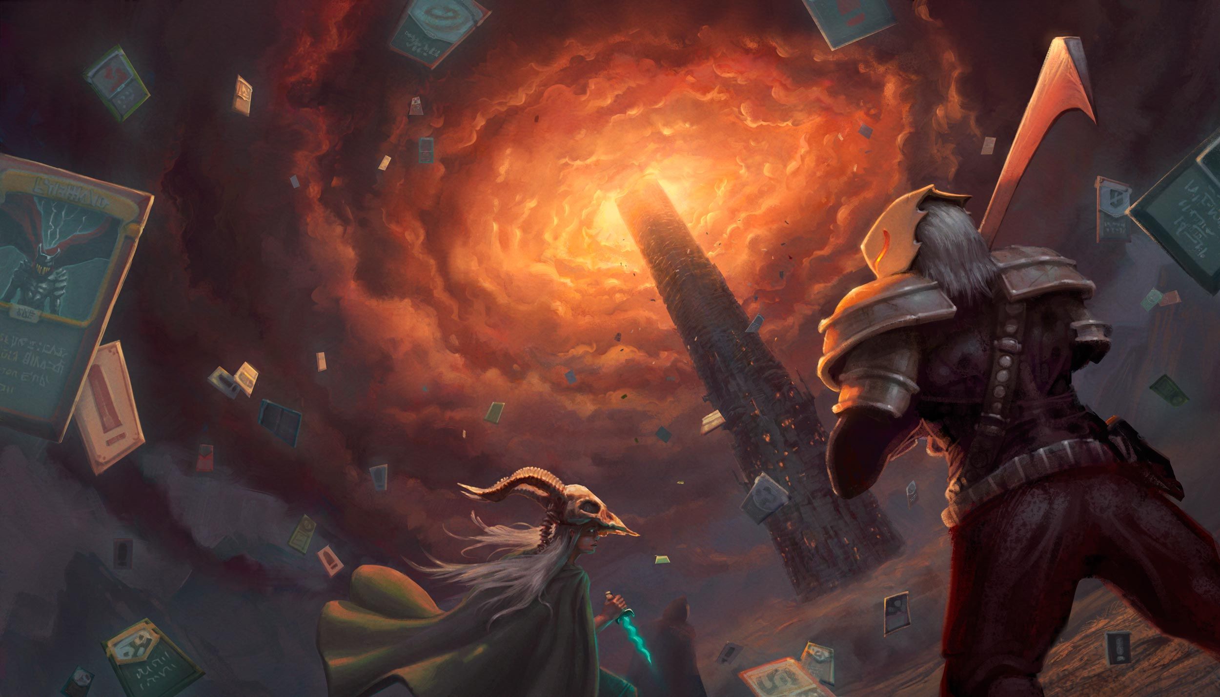 A dark obelisk shoots up into the sky, which is fiery and red. Onlooks with swords and bone masks watch. Screenshot from Slay the Spire.