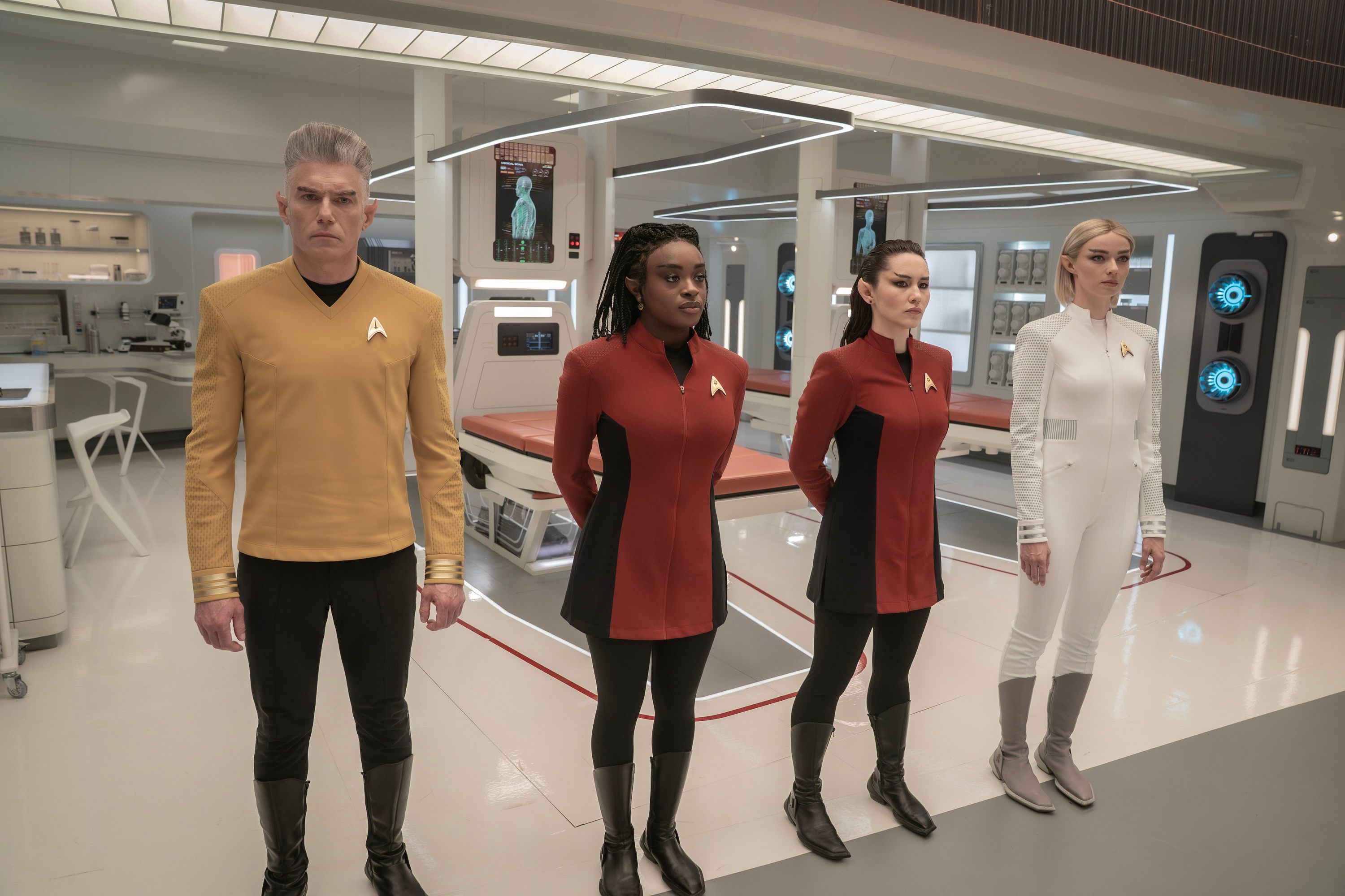 Anson Mount as Capt. Pike, Celia Rose Gooding as Uhura, Christina Chong as Laían and Jess Bush as Chapel have all become Vulcans in season 3 , Episode 8 of Strange New Worlds