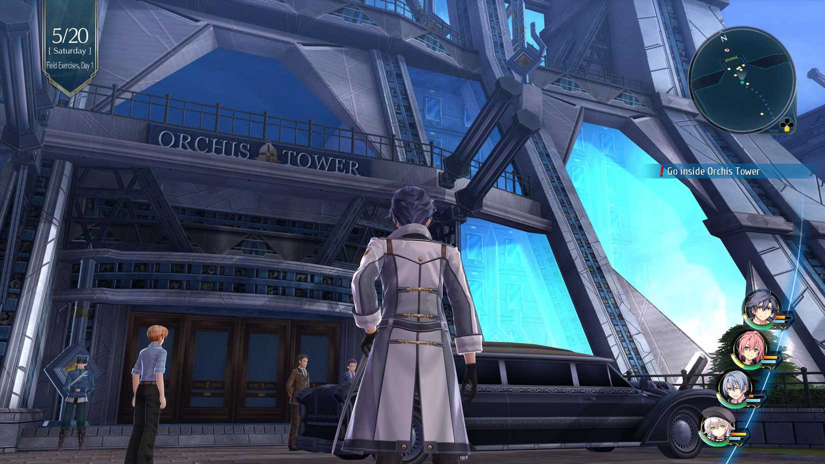 A Trails from Cold Steel 3 screenshot showing Rean Schwarzer in front of of Orchis Tower