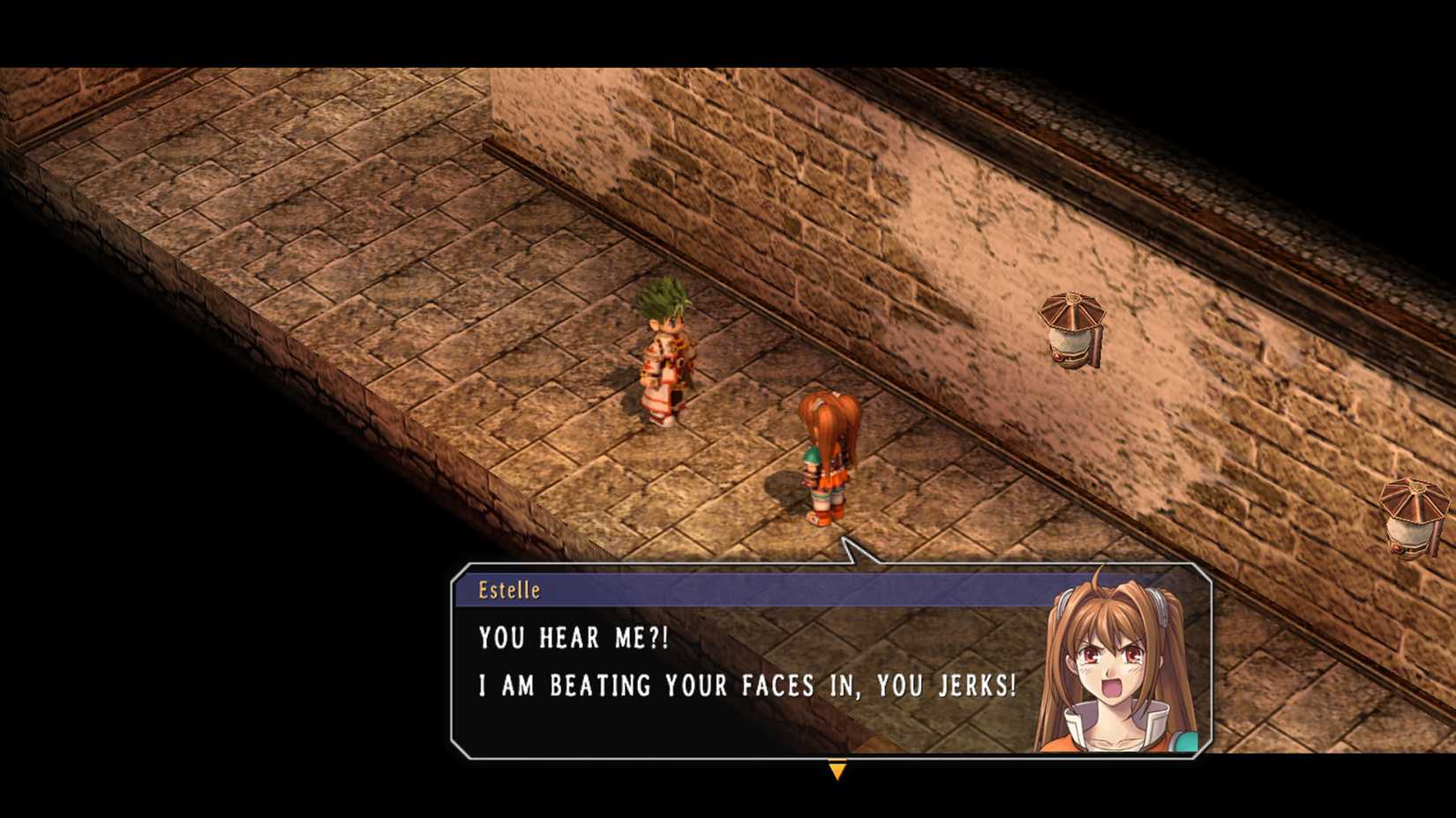 A Trails in the Sky Second Chapter screenshot showing Estelle talking to Kelving and saying "YOU HEAR ME?! I AM BEATING YOUR FACES IN, YOU JERKS!"