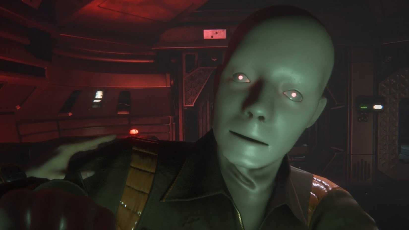 A pale, rubber-skinned synthetic known as a Working Joe peers into the camera with glowing red pupils.