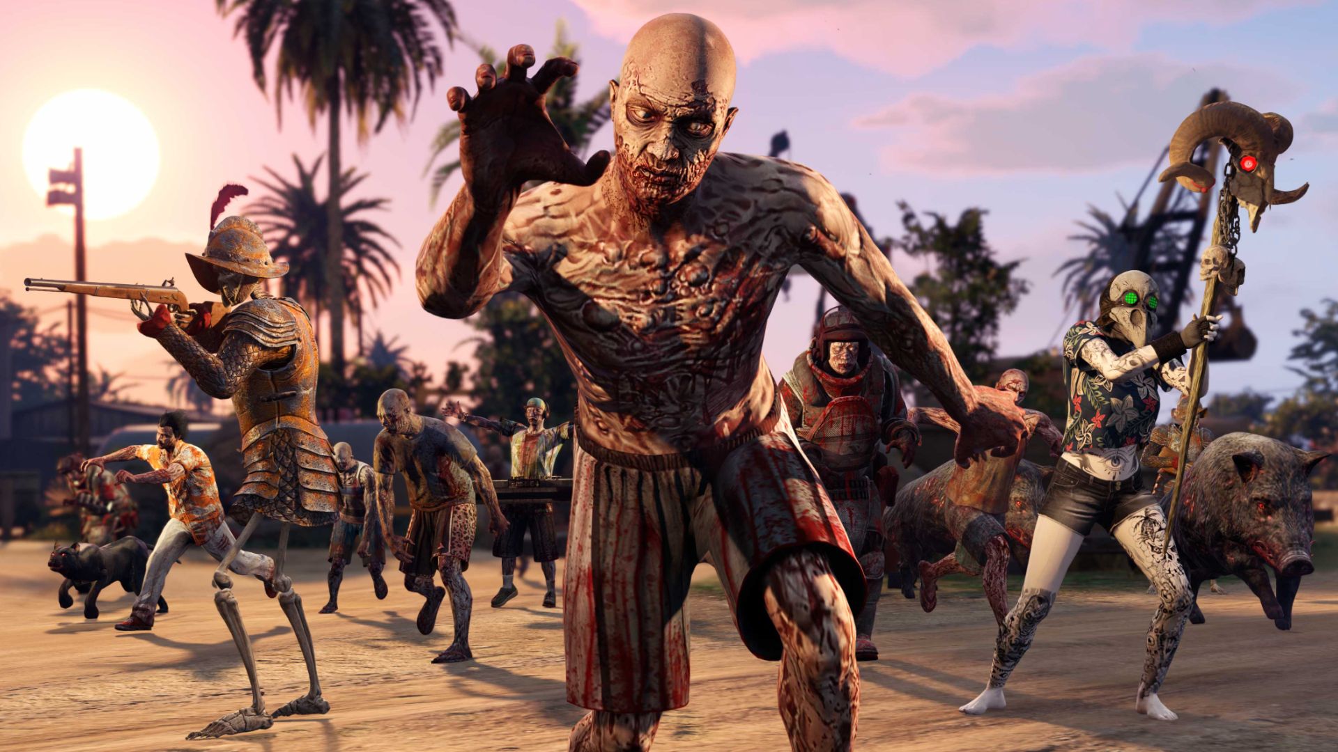 A horde of zombies lunge toward the camera.