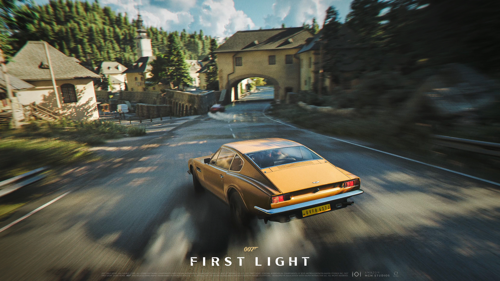 James Bond drives a car down a street in First Light