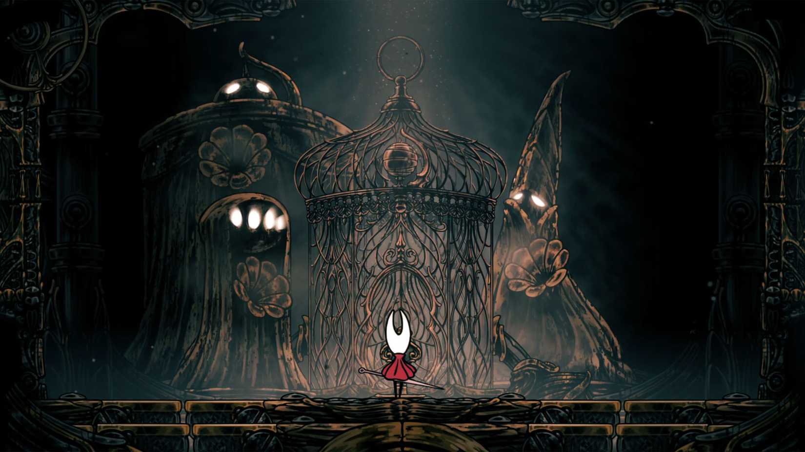 Hornet standing in front of the three statues in Cogwork Core in Silksong.