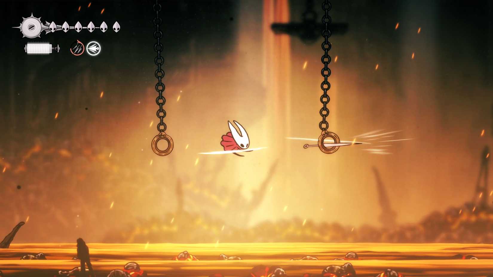 Hornet using her needle to grapple to a ring in Silksong.