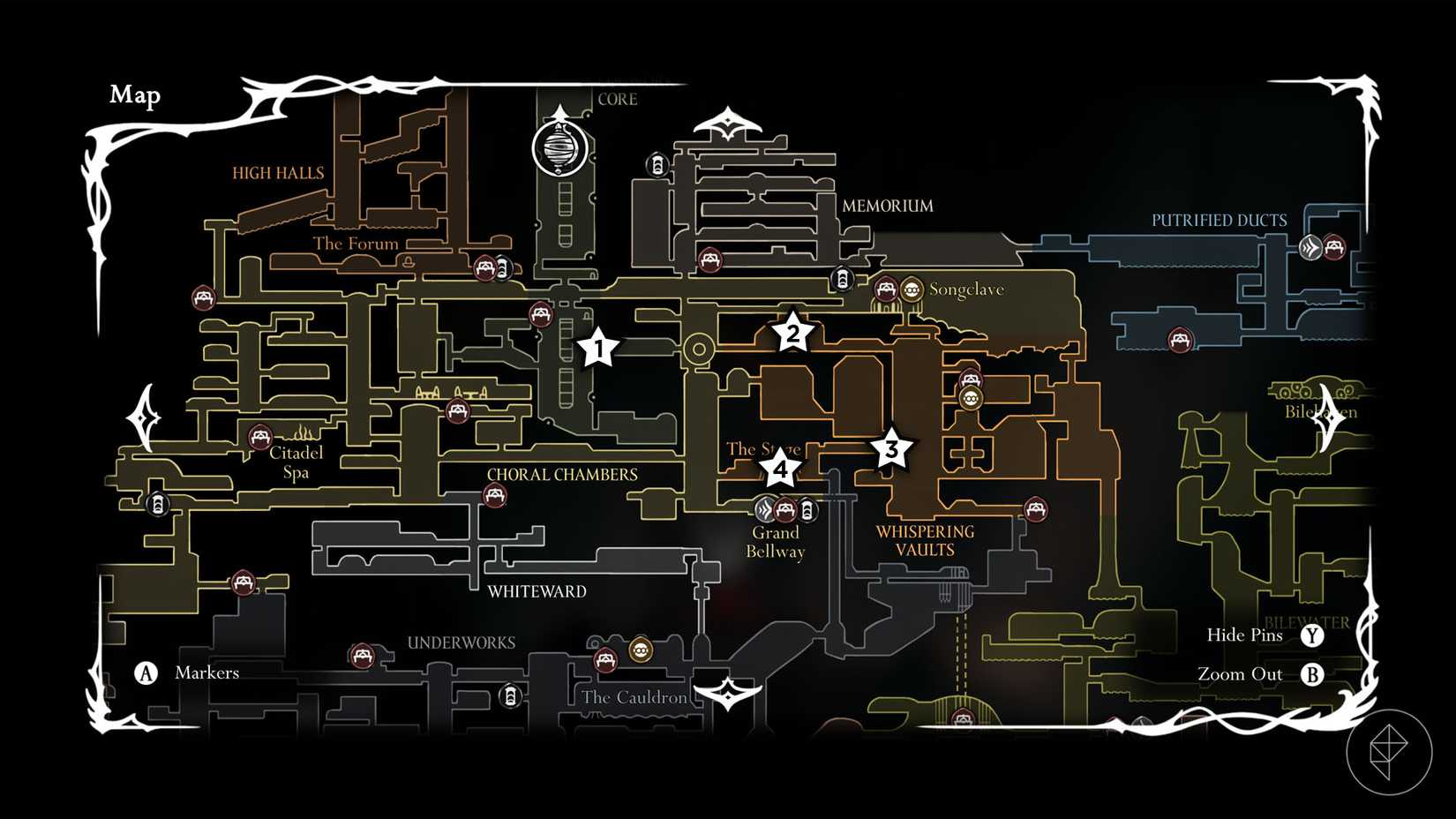 The Hollow Knight: Silksong map marked with stars.