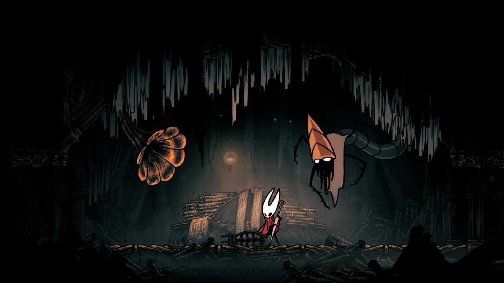 Hornet playing the Needolin beside the Vaultkeeper in Silksong.