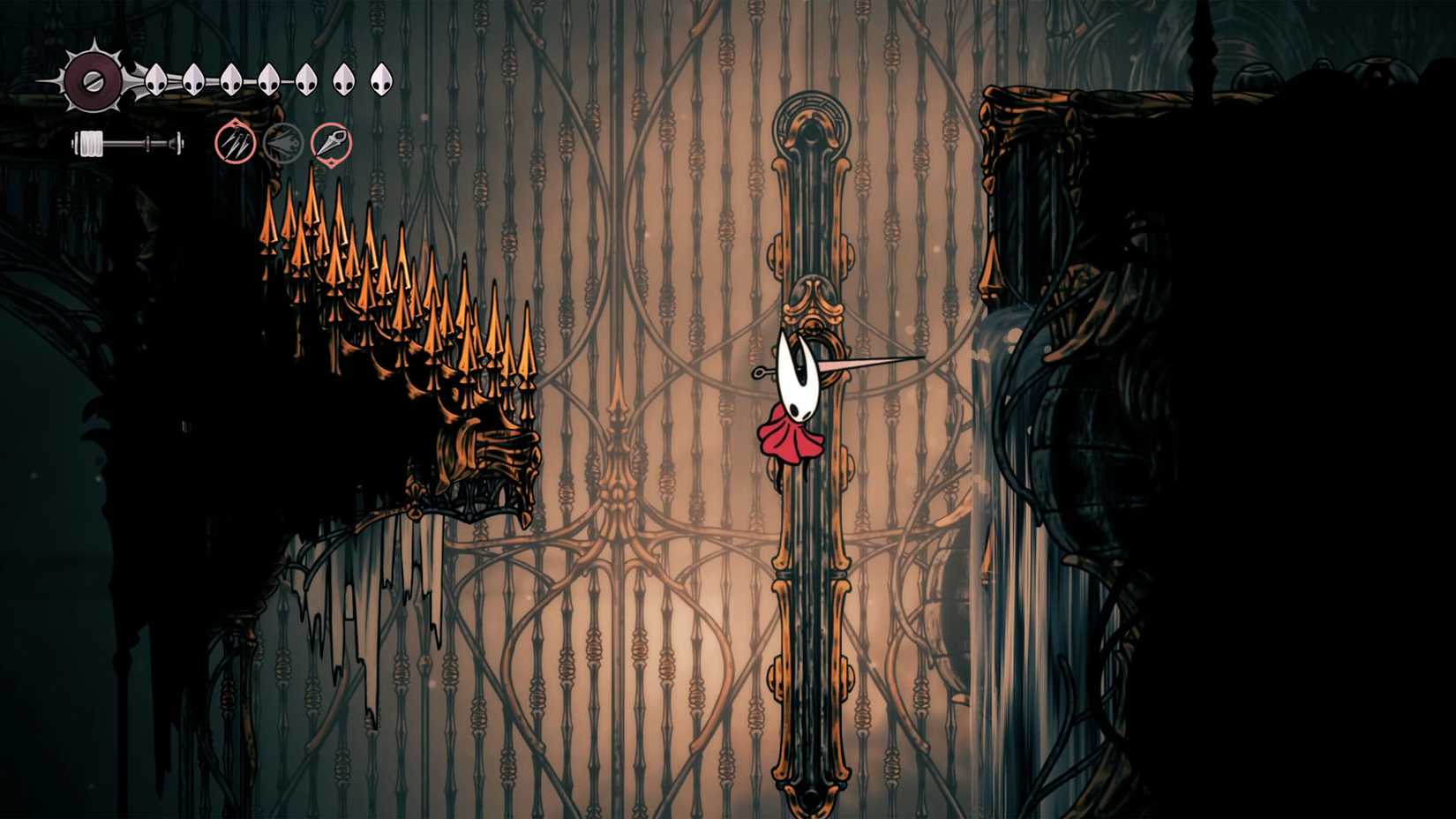 Hornet riding a ring elevator in High Halls in Silksong.