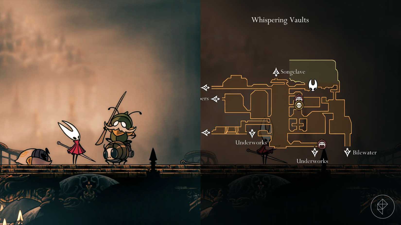 Hornet standing by Garmond and Zaza along with their location marked on the map of Silksong.