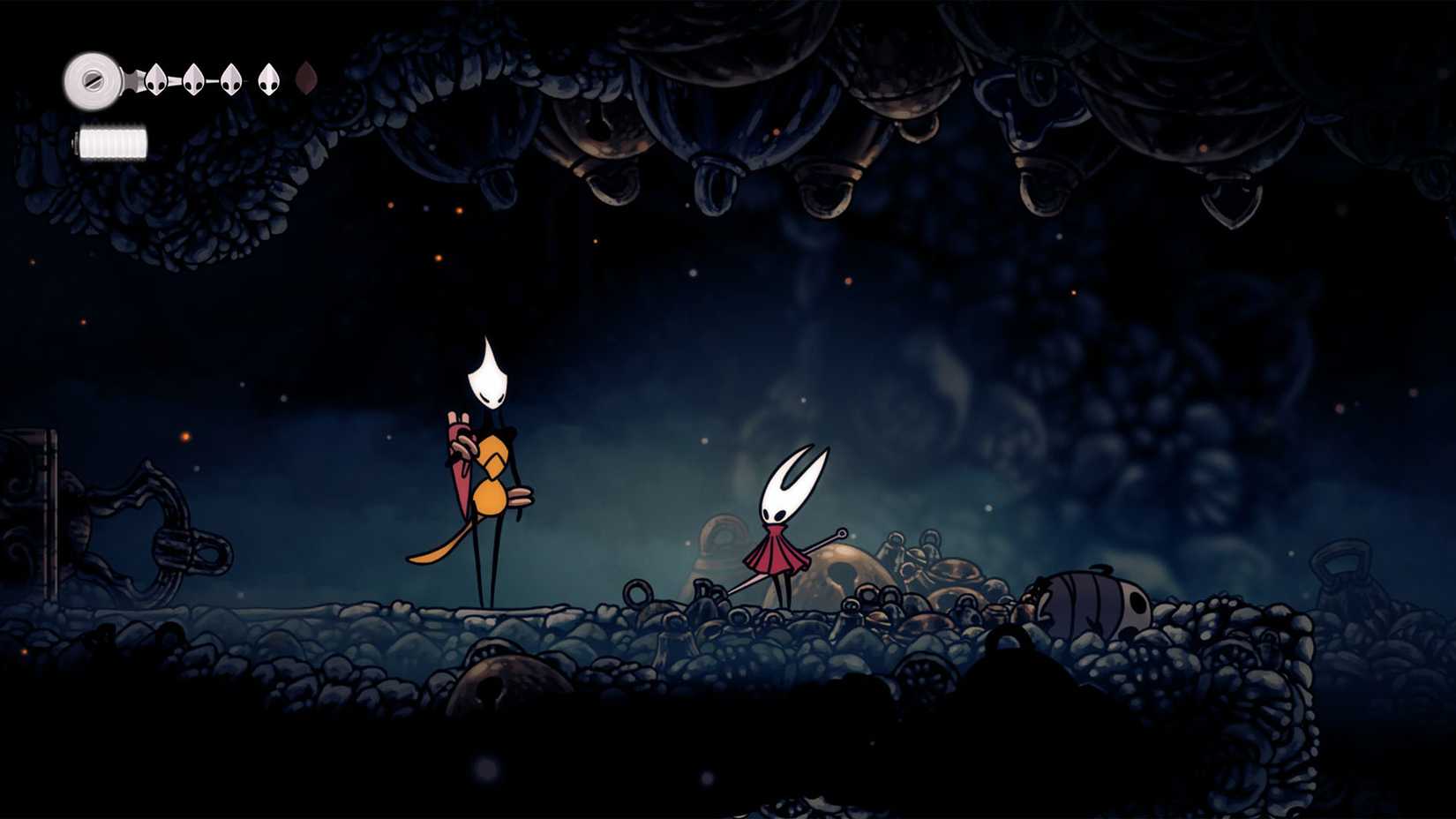 Hornet meeting Shakra in Silksong.