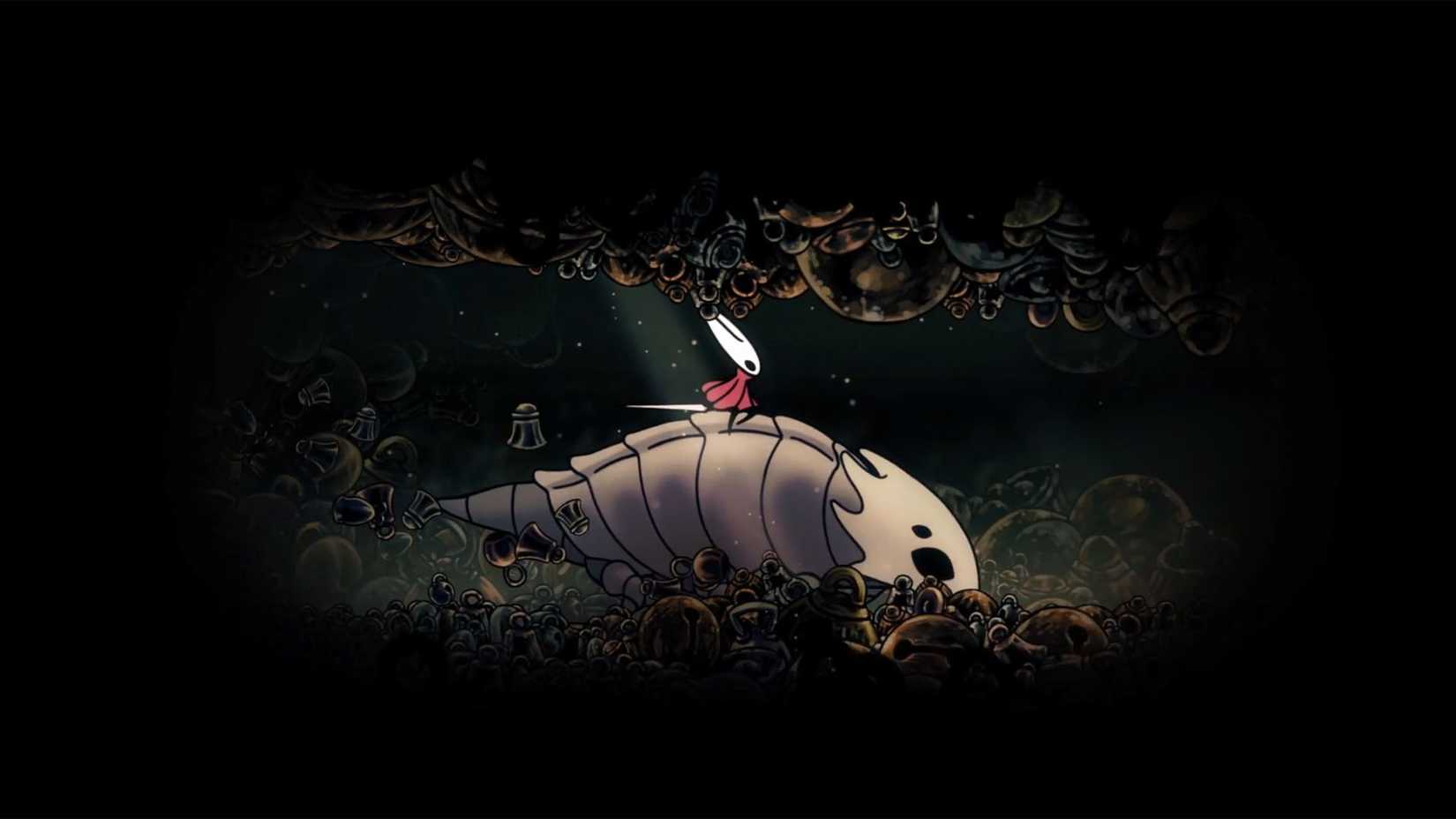 Hornet riding Bell Beast in Silksong.