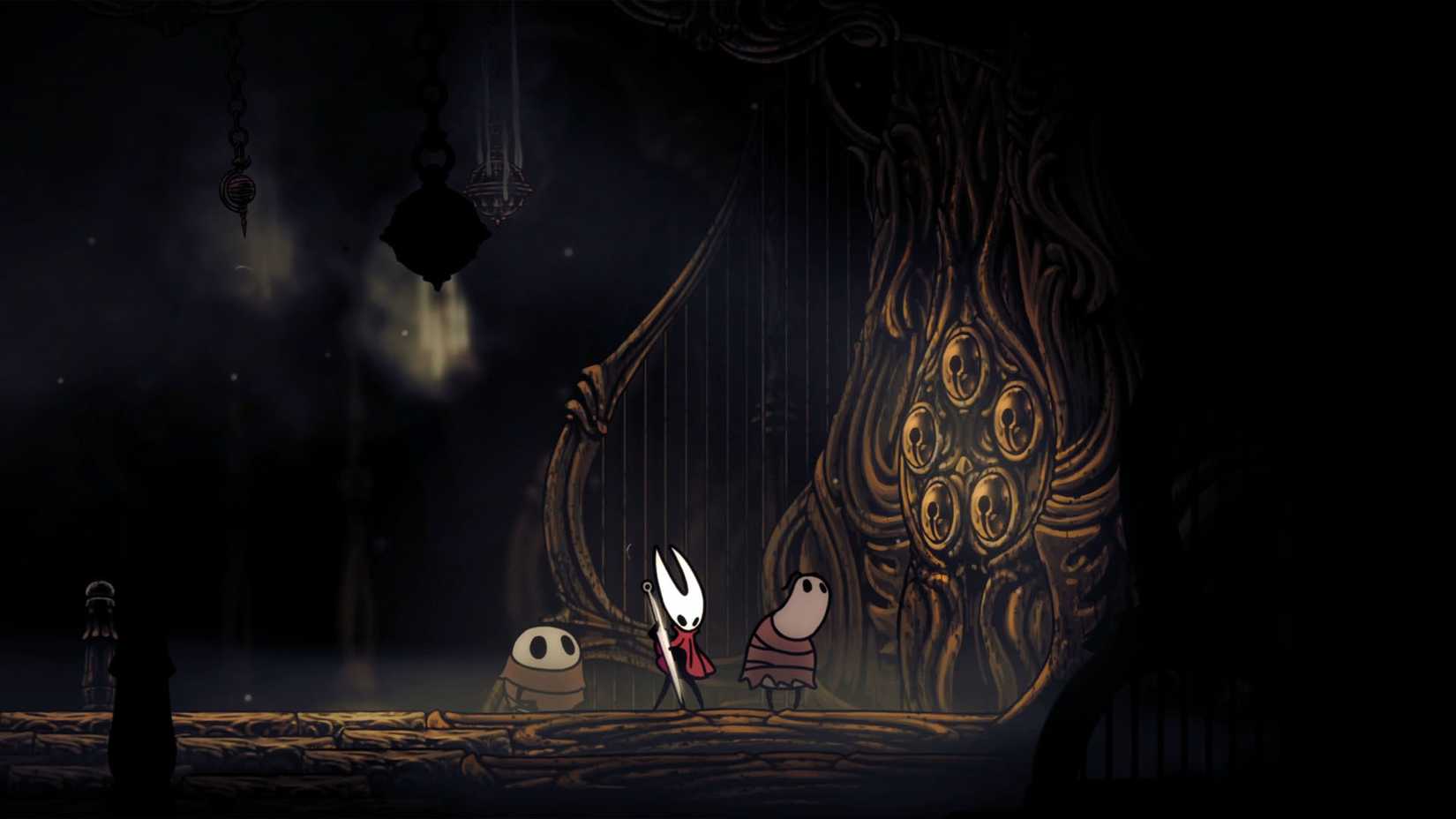 Hornet playing the Needolin at the Citadel entrance in Silksong.