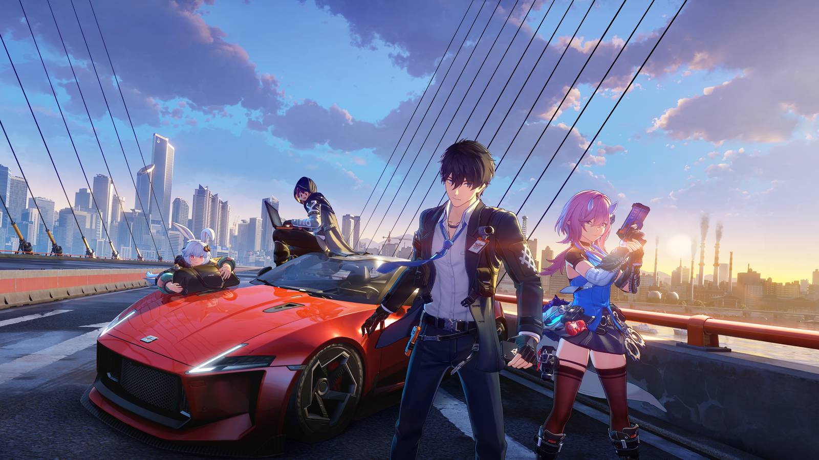 Promotional artwork for Ananta: four characters beside a sports car on a suspension bridge