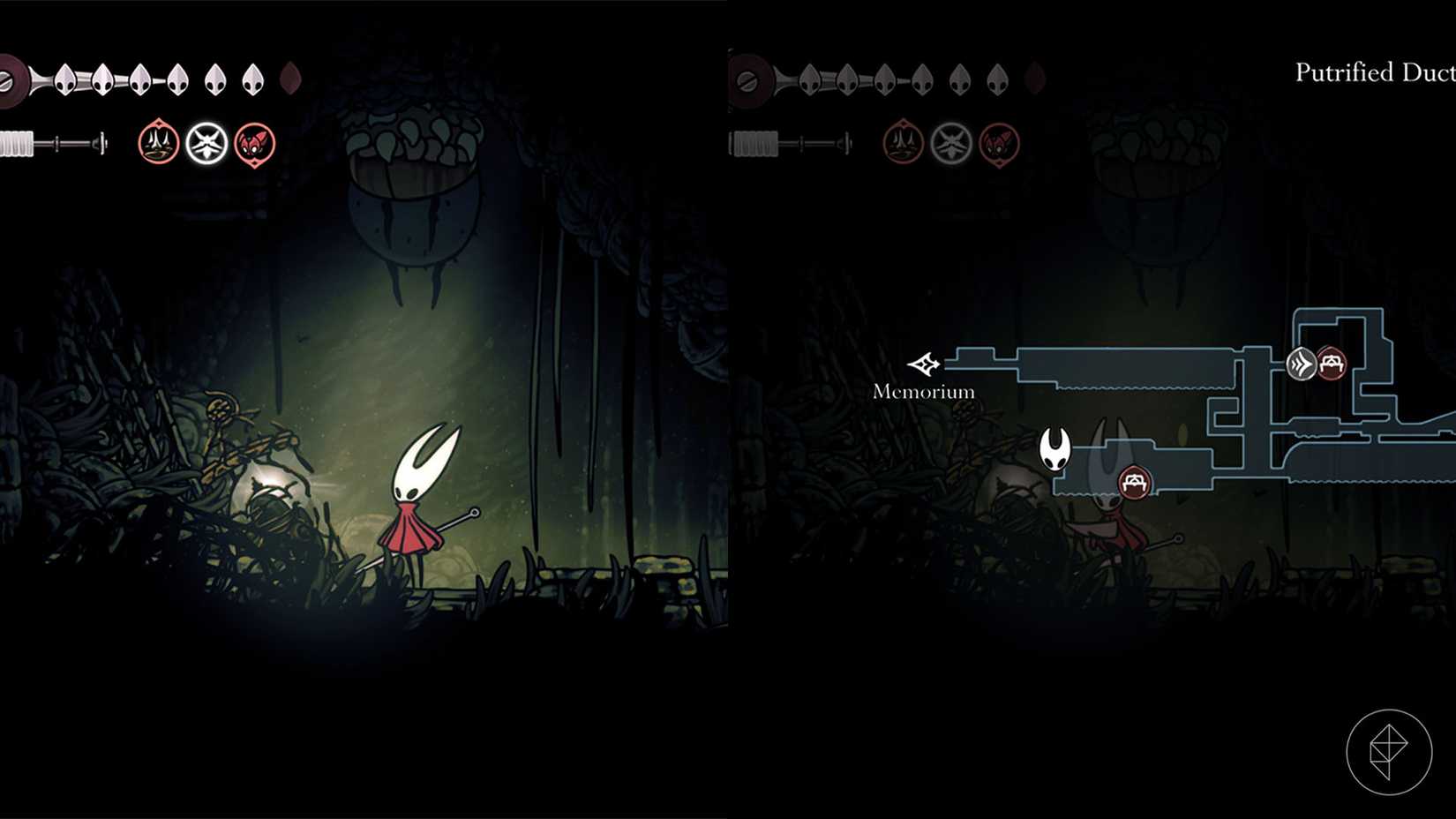 Hornet standing beside the Apostate Key in the Putrified Ducts in Silksong.