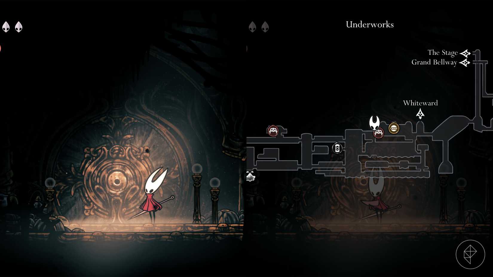 Hornet standing outside of a locked door in the Underworks in Silksong.