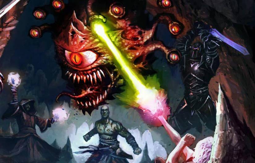 Baldur's Gate 2 Enhanced Edition cover detail featuring a Beholder fighting a group of adventurers in the Underdark