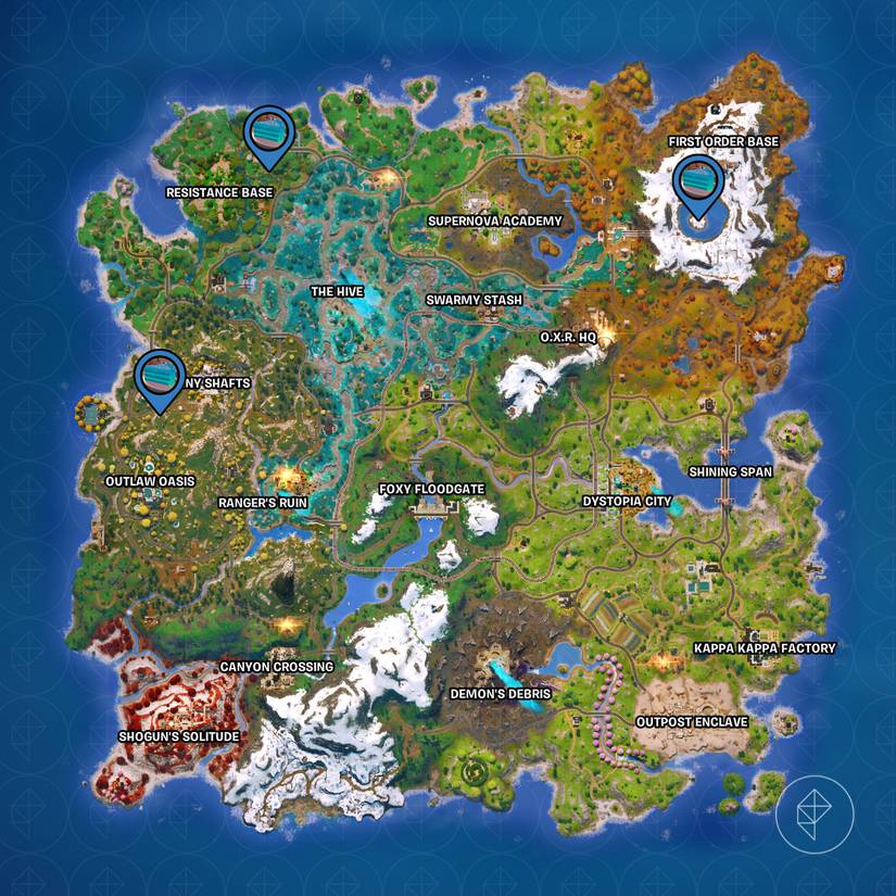 बर्थडे केक स्लाइस का स्थान Fortnite अध्याय 6 सीज़न 4 के नक्शे पर चिह्नित किया गया है।