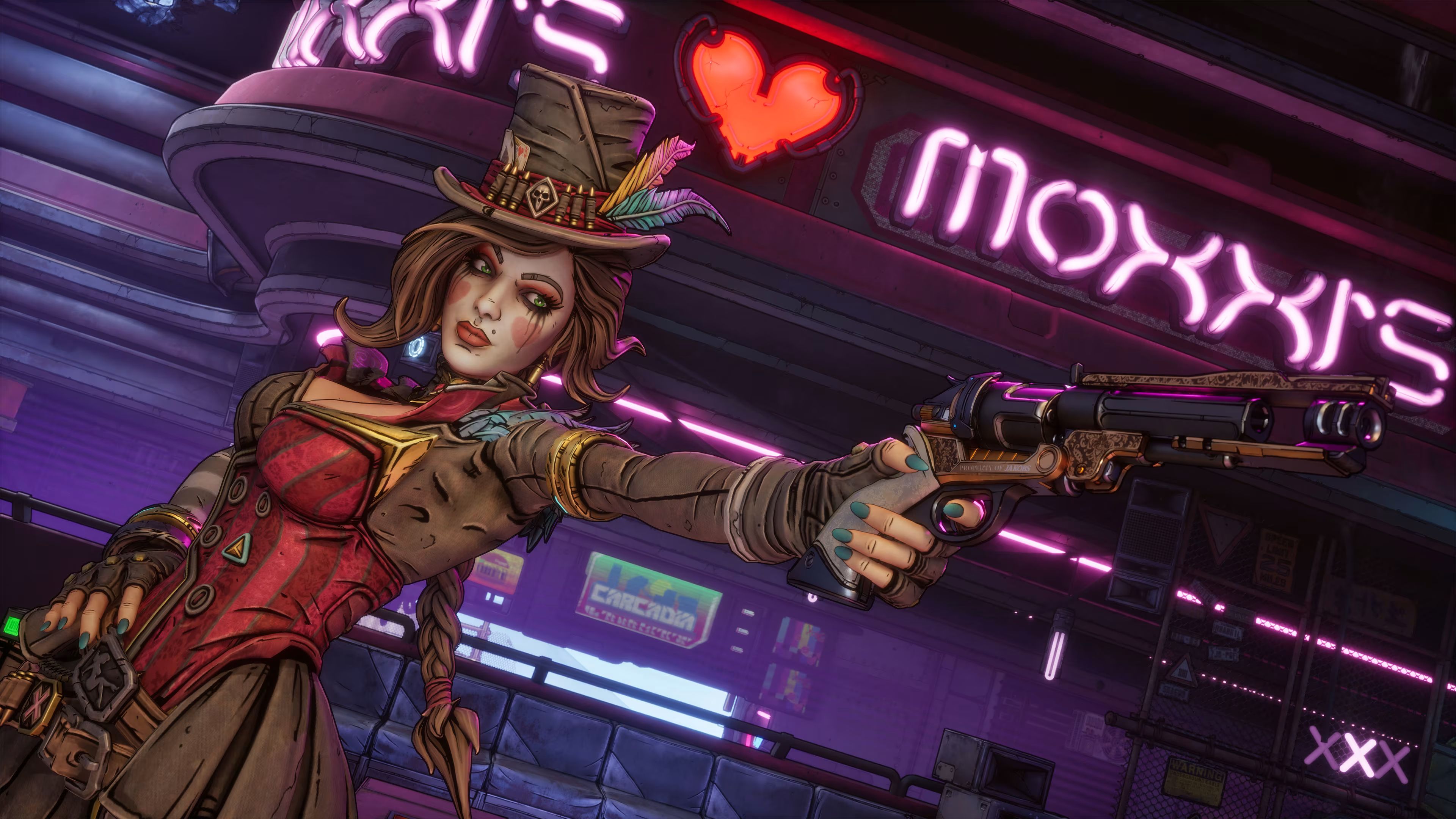 Moxxi from Borderlands 4 aims a gun