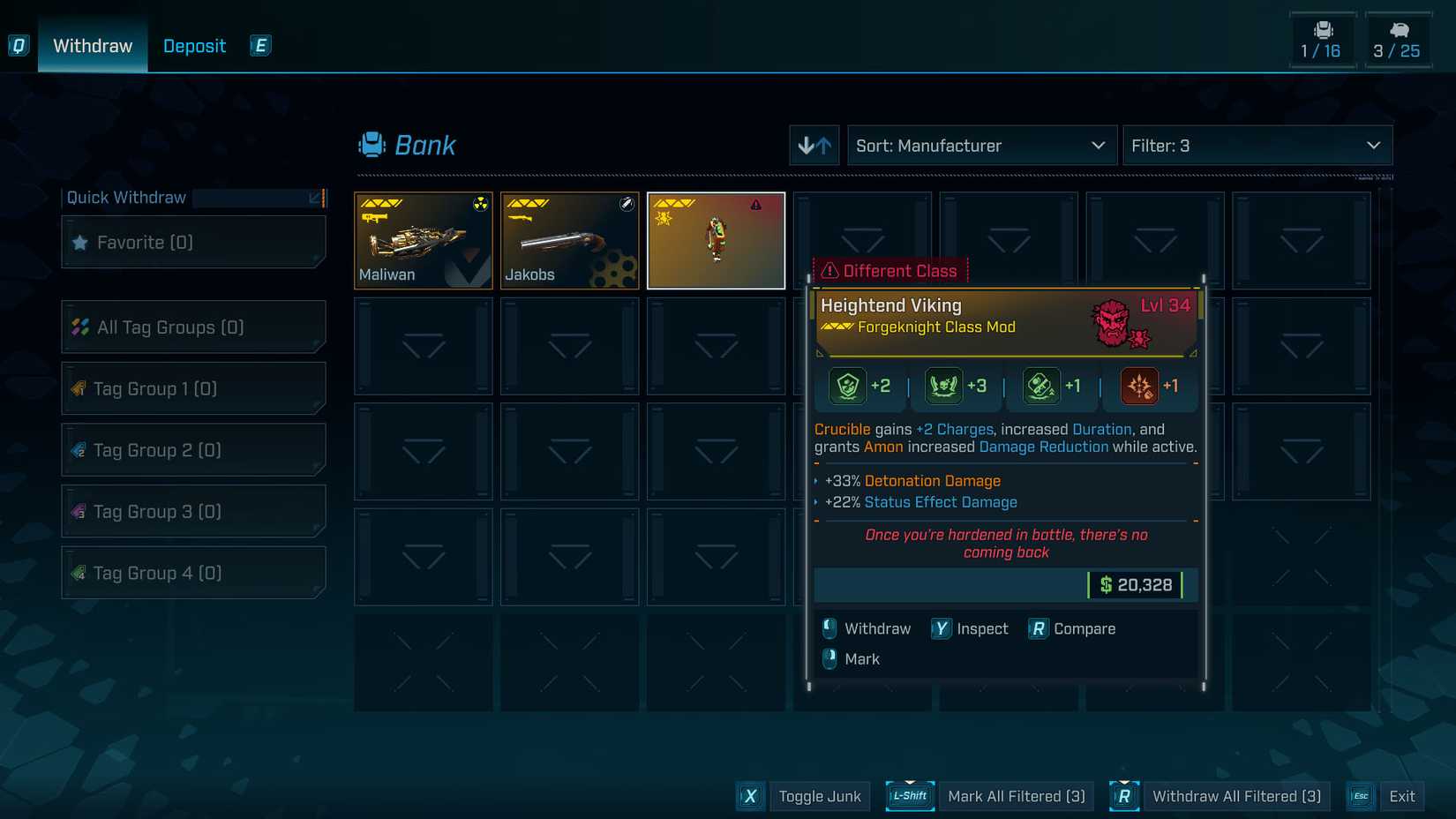 A Borderlands 4 screenshot showing the bank meny and three lengedary weapons inside of it