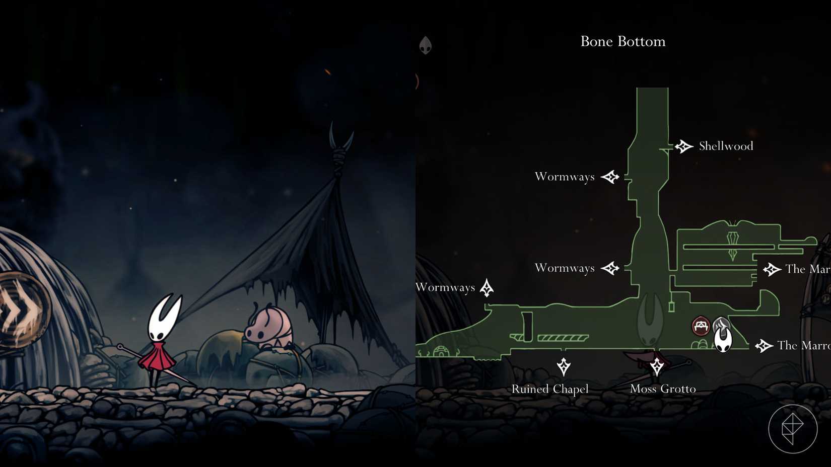 Hornet standing beside Pebb in Bone Bottom in Hollow Knight: Silksong.