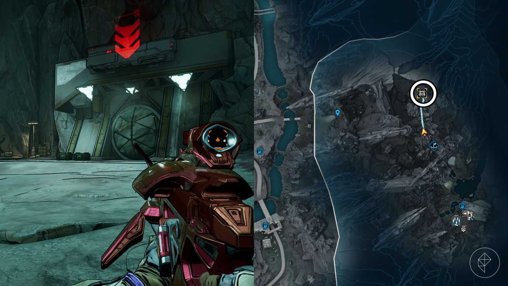 क्रेवेन के नुक्कड़ बंकर के स्थान को दिखाने वाले दो सीमावर्ती 4 छवियों का एक असेंबल