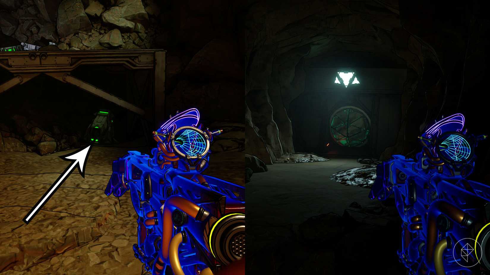 क्रॉलक्रॉफ्ट बंकर टिड्डी शीशी के स्थान को दिखाने वाले दो बॉर्डरलैंड्स 4 छवियों का एक असेंबल