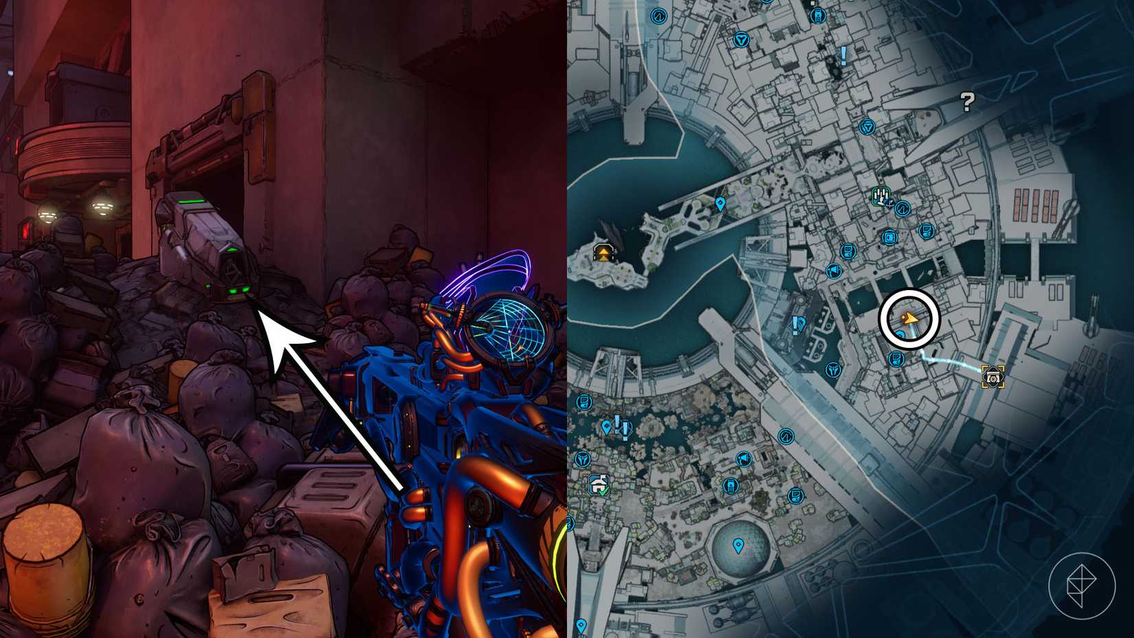 दो बॉर्डरलैंड्स 4 की एक असेंबल 4 छवियों को आयरनवॉल रिज़ॉल्वेट बंके के लिए टिड्डी शीशी का स्थान दिखाते हुए