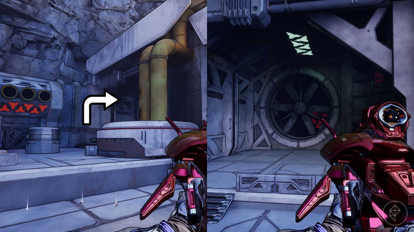 गलियारे के खिलाड़ियों के स्थान को दिखाने वाली दो बॉर्डरलैंड्स 4 छवियों का एक असेंबल, टिपिंग पॉइंट बंकर के लिए टिड्डी शीशी तक पहुंचने के लिए खोजने की आवश्यकता है