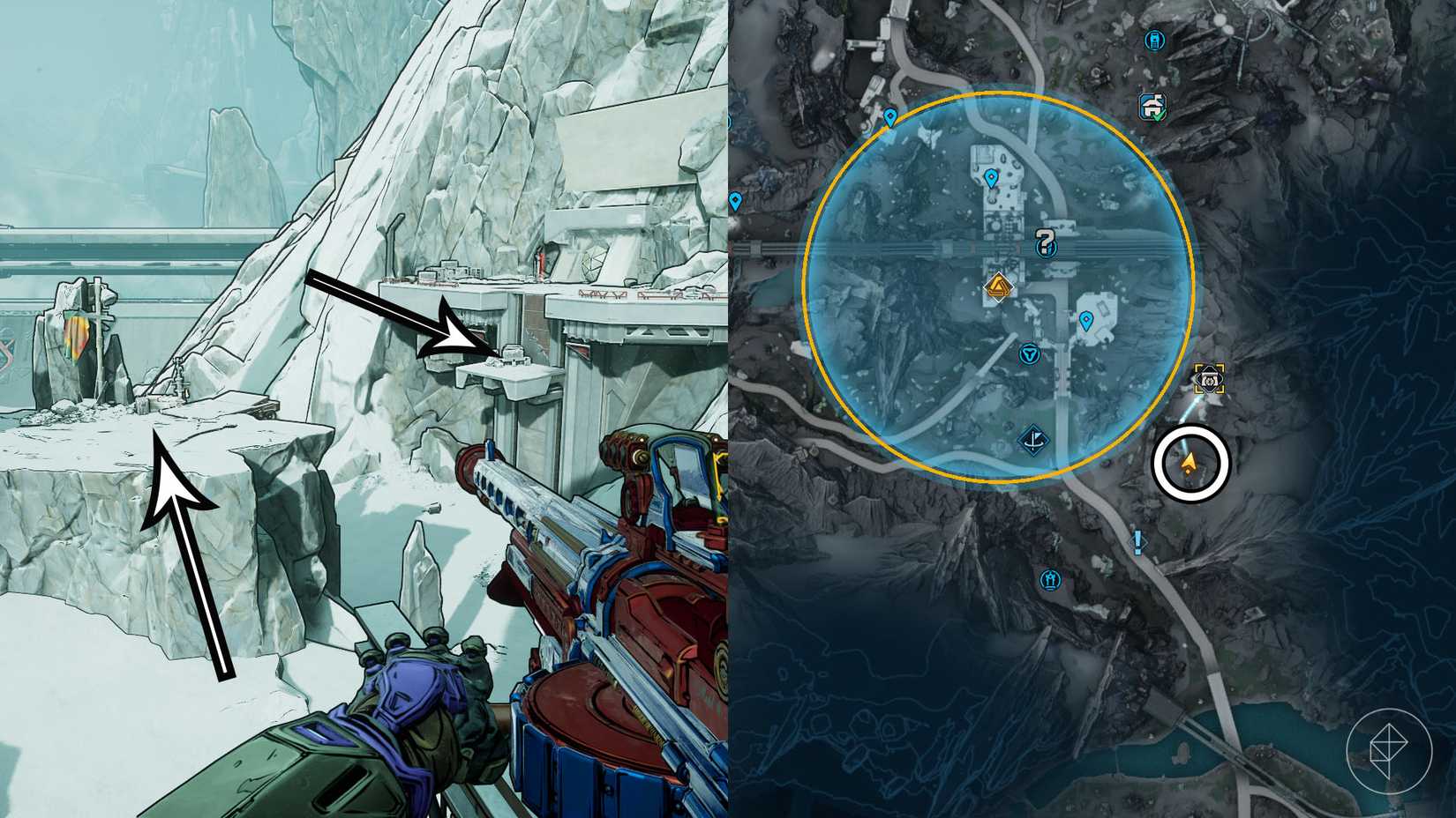 दो सीमावर्ती 4 छवियों का एक असेंबल जो उस स्थान को दिखाते हैं, जहां से खिलाड़ियों को वायरवर्क्स बंकर तक पहुंचने के लिए ग्लाइड करने की आवश्यकता होती है