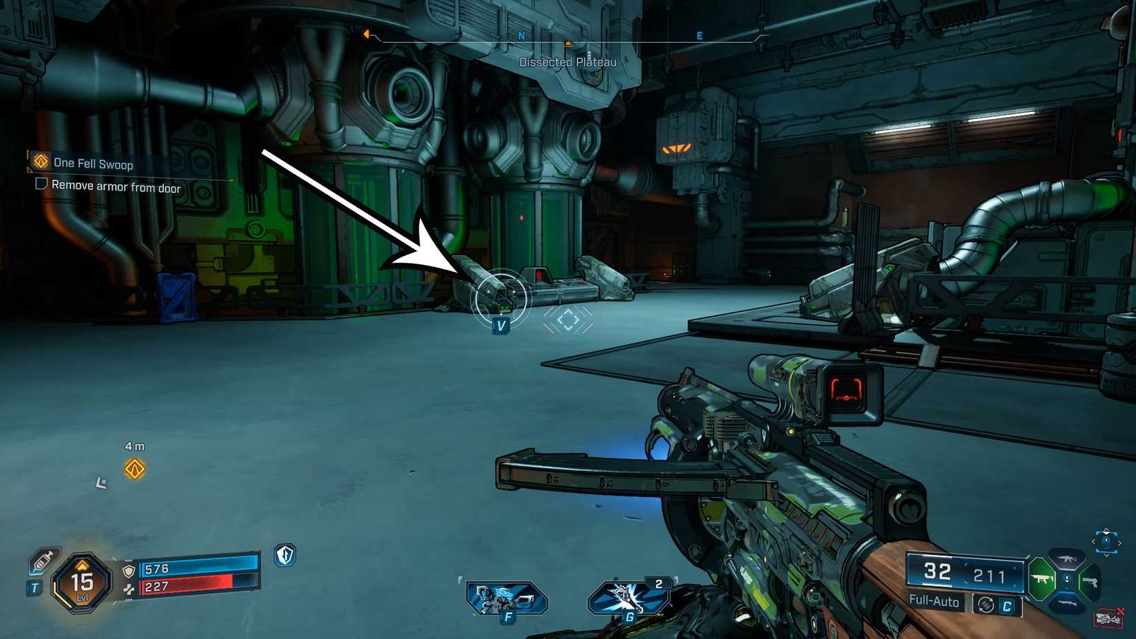 Screenshot of 4 Borderlands showing where players find the locusts capsule to open the gate during the mission "One Fell Swoop"