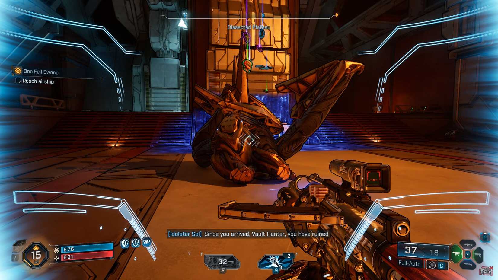 Screenshot of 4 Borderlands showing pistols jumping from the Bio-Bulkhead body after its definition