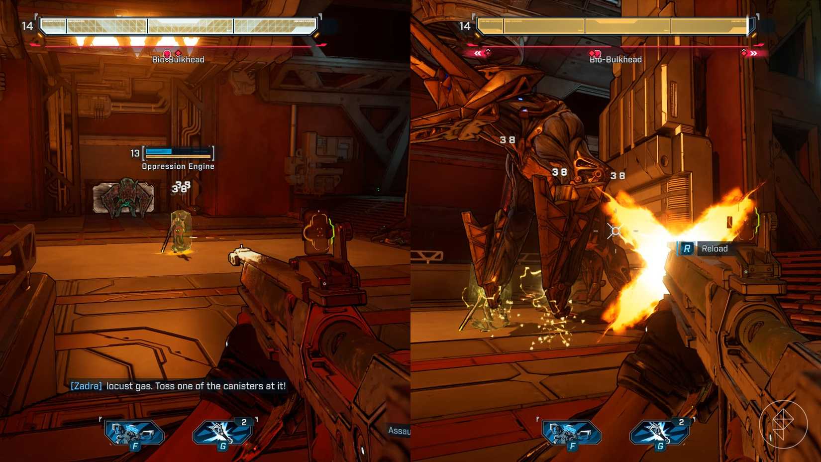 Installation of two images of Borderlands 4 images showing the Bio-Bulkhead health belt and the way they can determine if the boss has his shield up