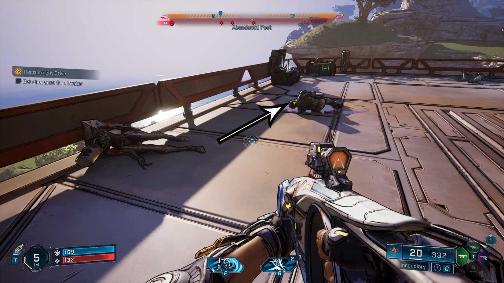 Una captura de pantalla de Borderlands 4 que muestra dónde puede localizar el perno que le brinda espacio para llamar al ascensor durante el "Impulso de reclutamiento" Quest en Borderlands 4 