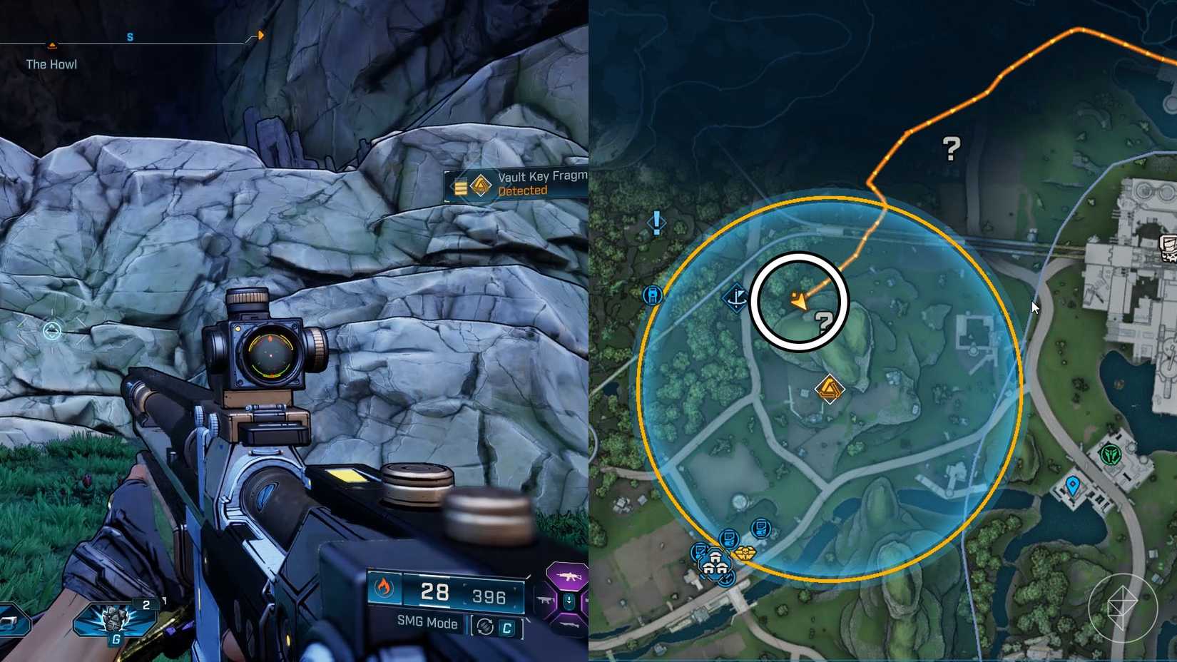 A montage of two Borderlands 4 images showing the location of where players find the first Vault key fragment in the Fadefield region