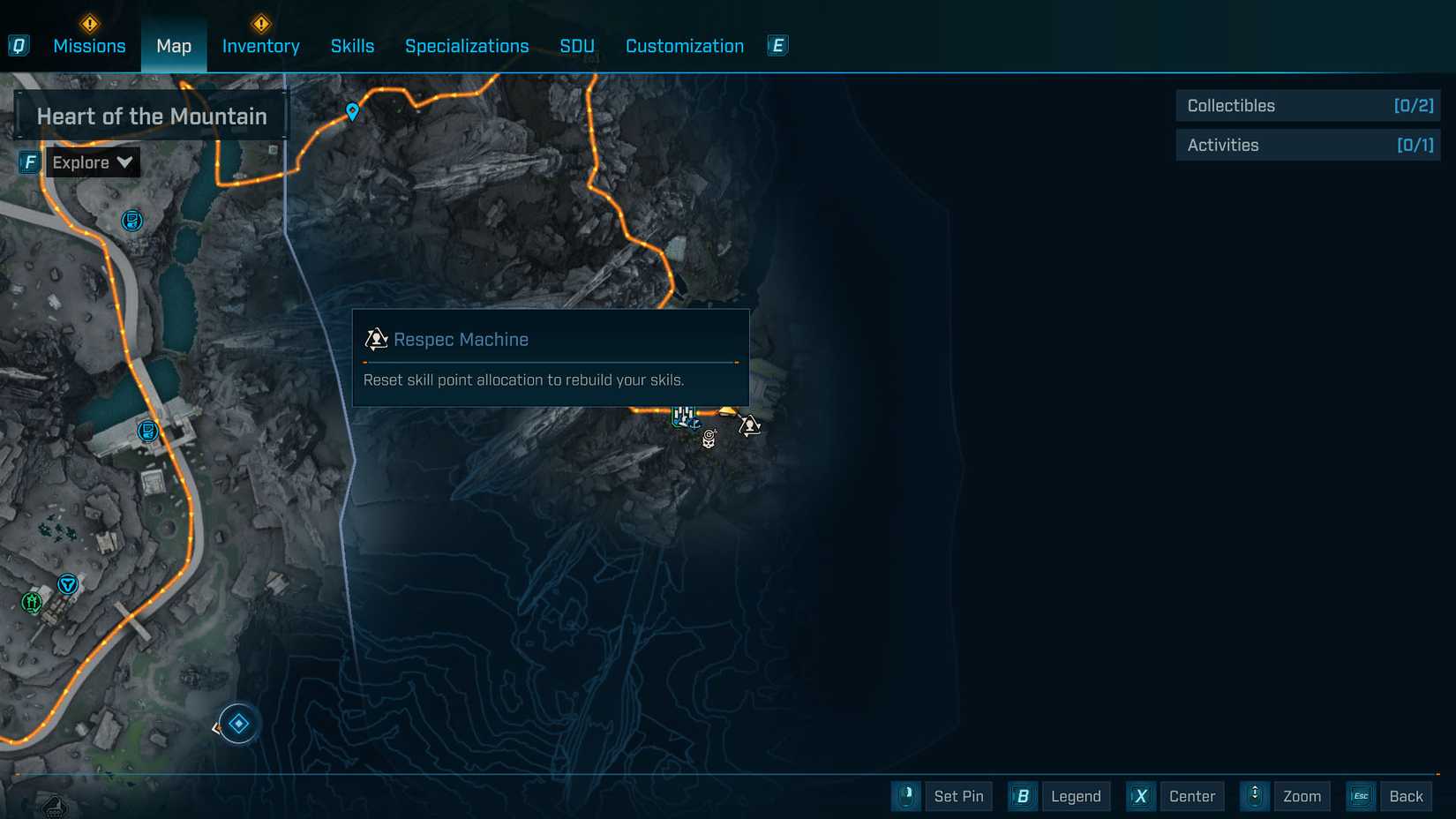 एक बॉर्डरलैंड्स 4 स्क्रीनशॉट को मैप और आइकन दिखाते हुए Respec मशीन का प्रतिनिधित्व करता है