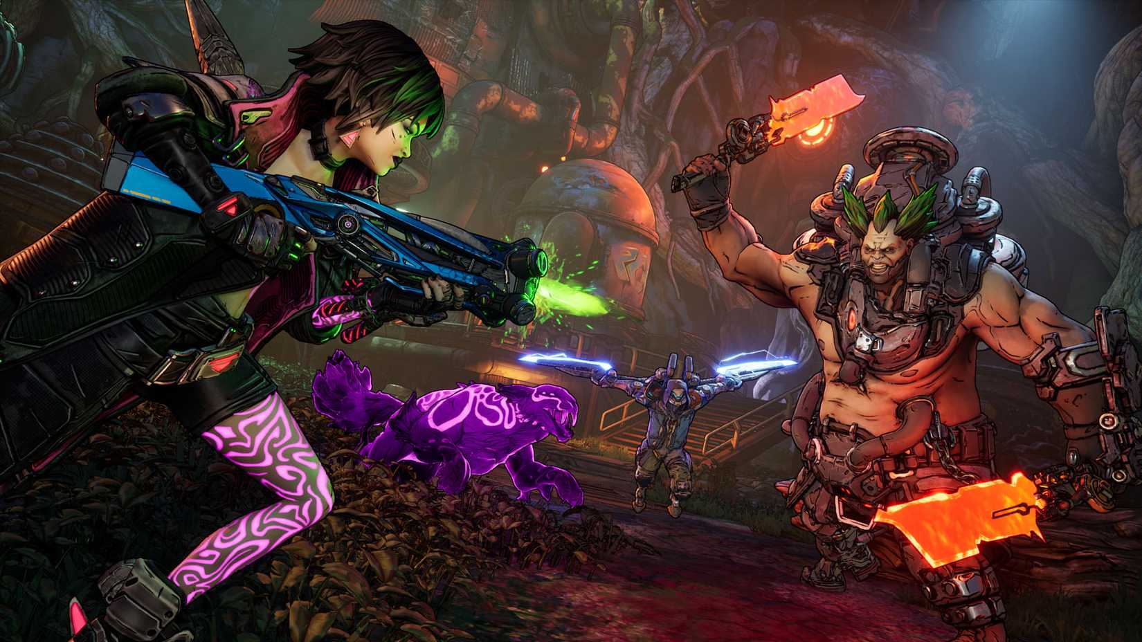 The official image of Borderlands 4 showing two figures facing a large humanoid enemy with burning hot daggers.