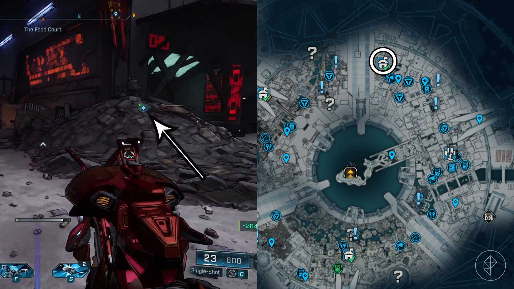 A montage of two Borderlands 4 images showing the location of where players find the Foodcourt Datapad