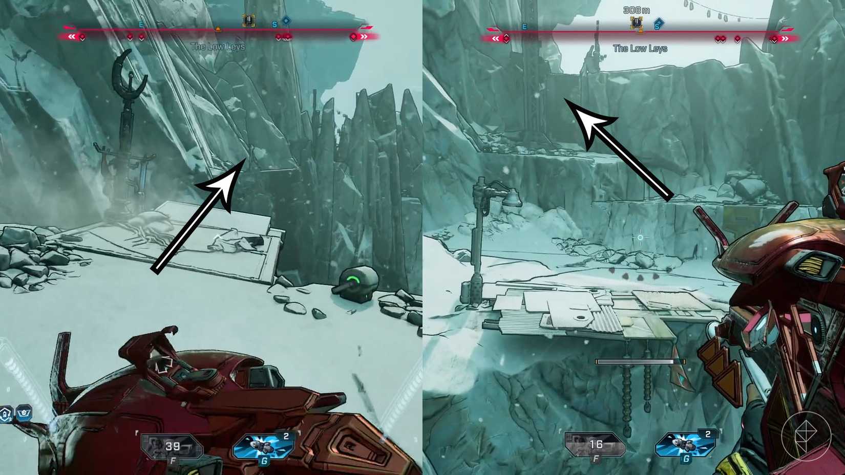 A montage of two Borderlands 4 images showing the location of where players find the path to the Deathright Silo