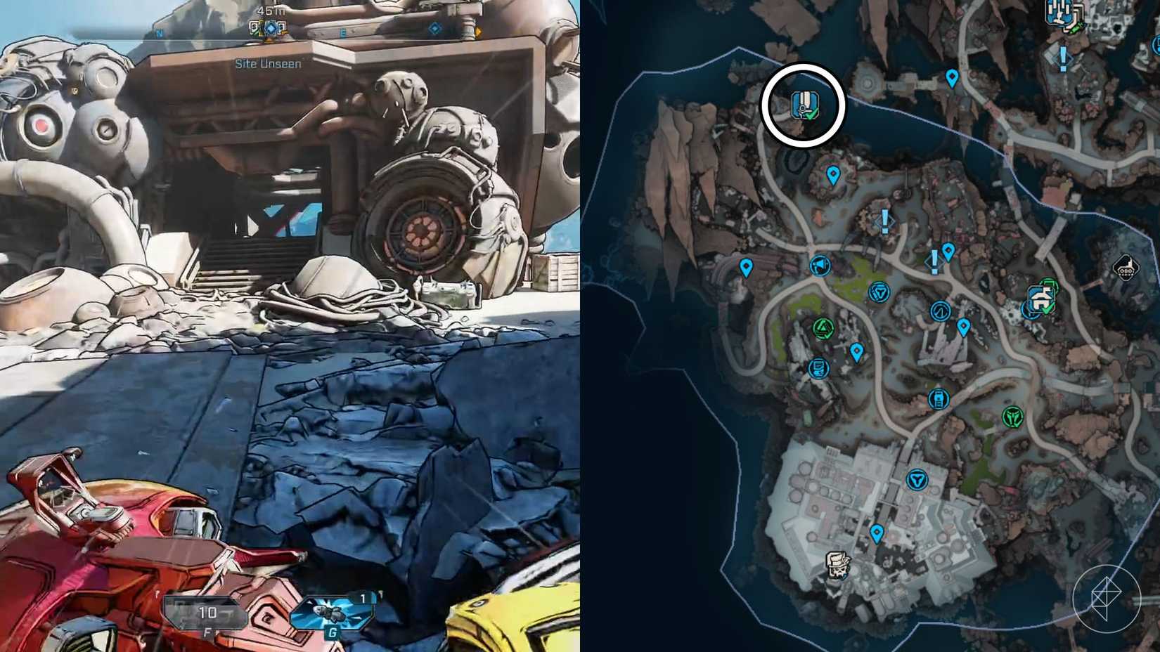 A montage of two Borderlands 4 images showing the location of where players find the Site Unseen Silo and Command Console