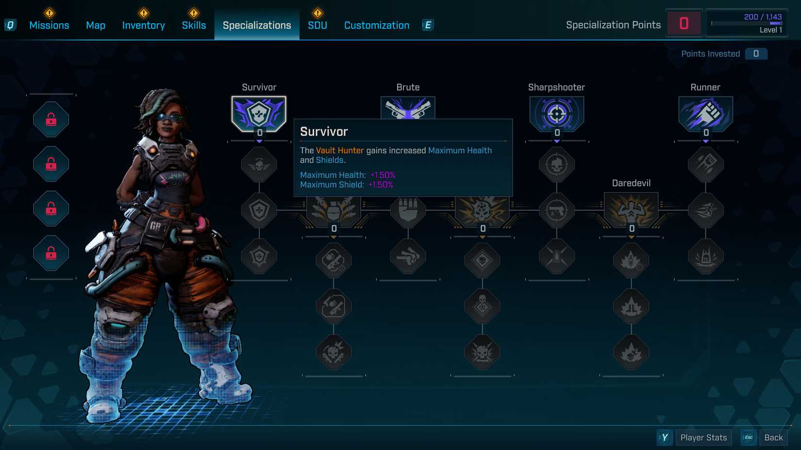 A Borderlands 4 screenshot showing the Specialization screen with no points invested