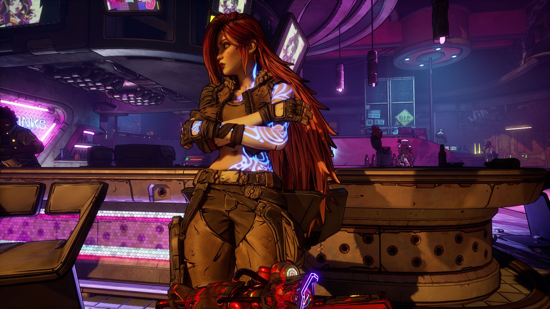 A Borderlands 4 screenshot showing Lilith in Moxxi's bar