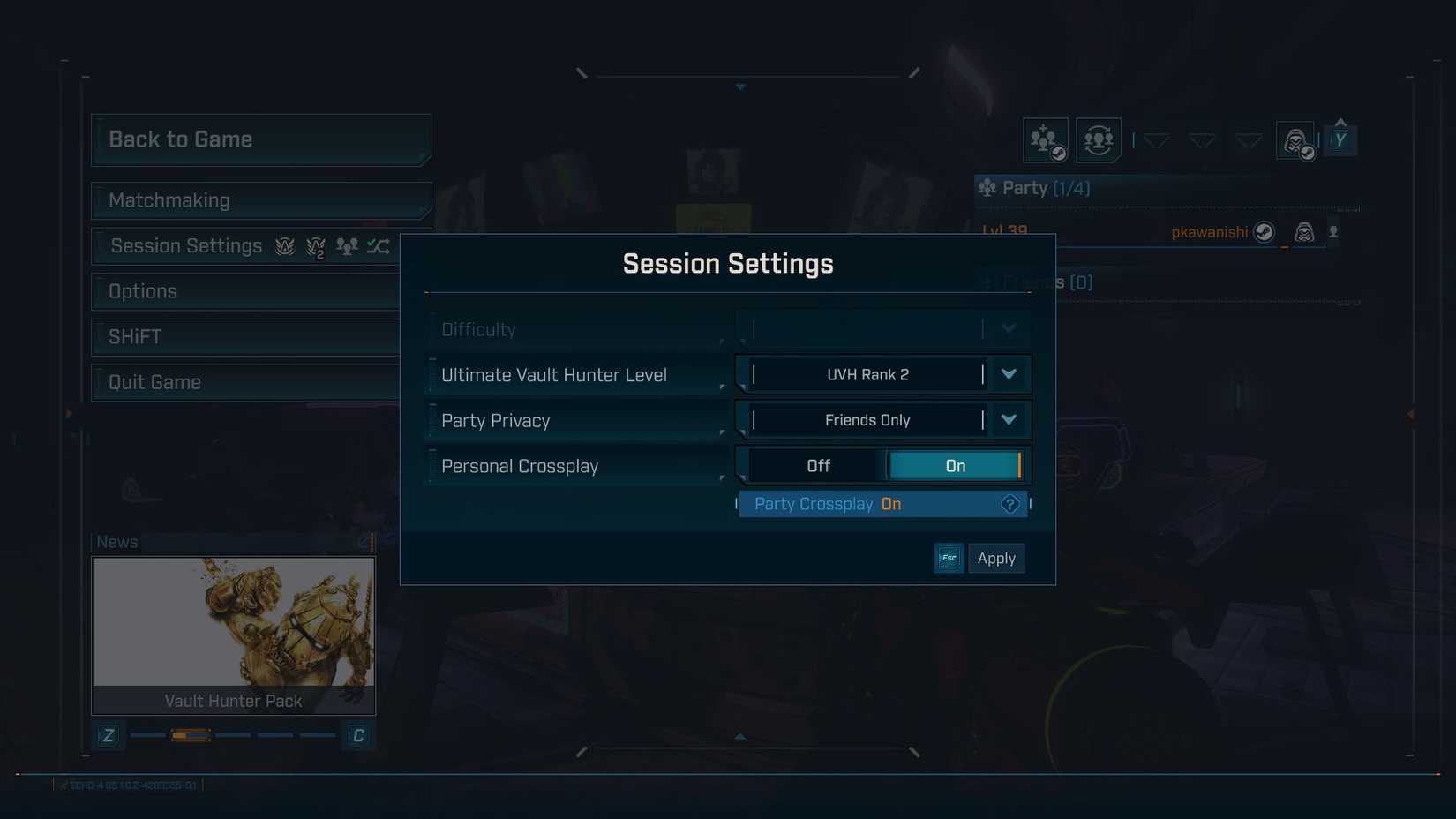 A Borderlands 4 screenshot showing the Session Seeting screen where players can change to the Ultimate Vault Hunter Mode