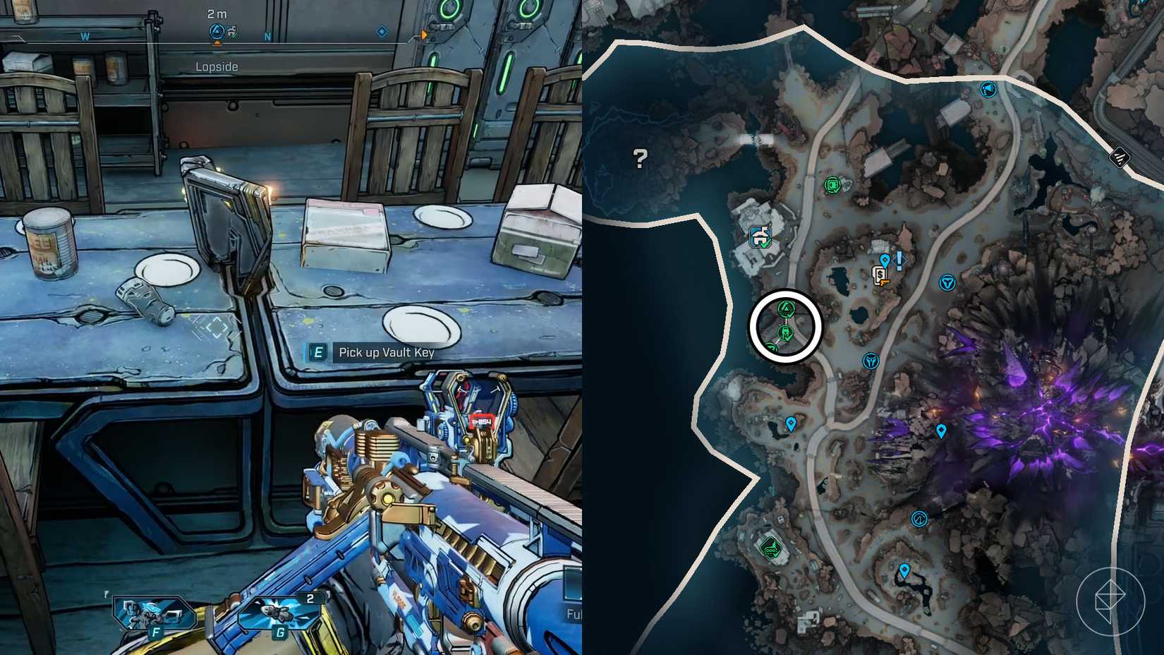 A montage of two Borderlands 4 images showing the location where you find the first key fragment to open the Carcadia Burn Vault
