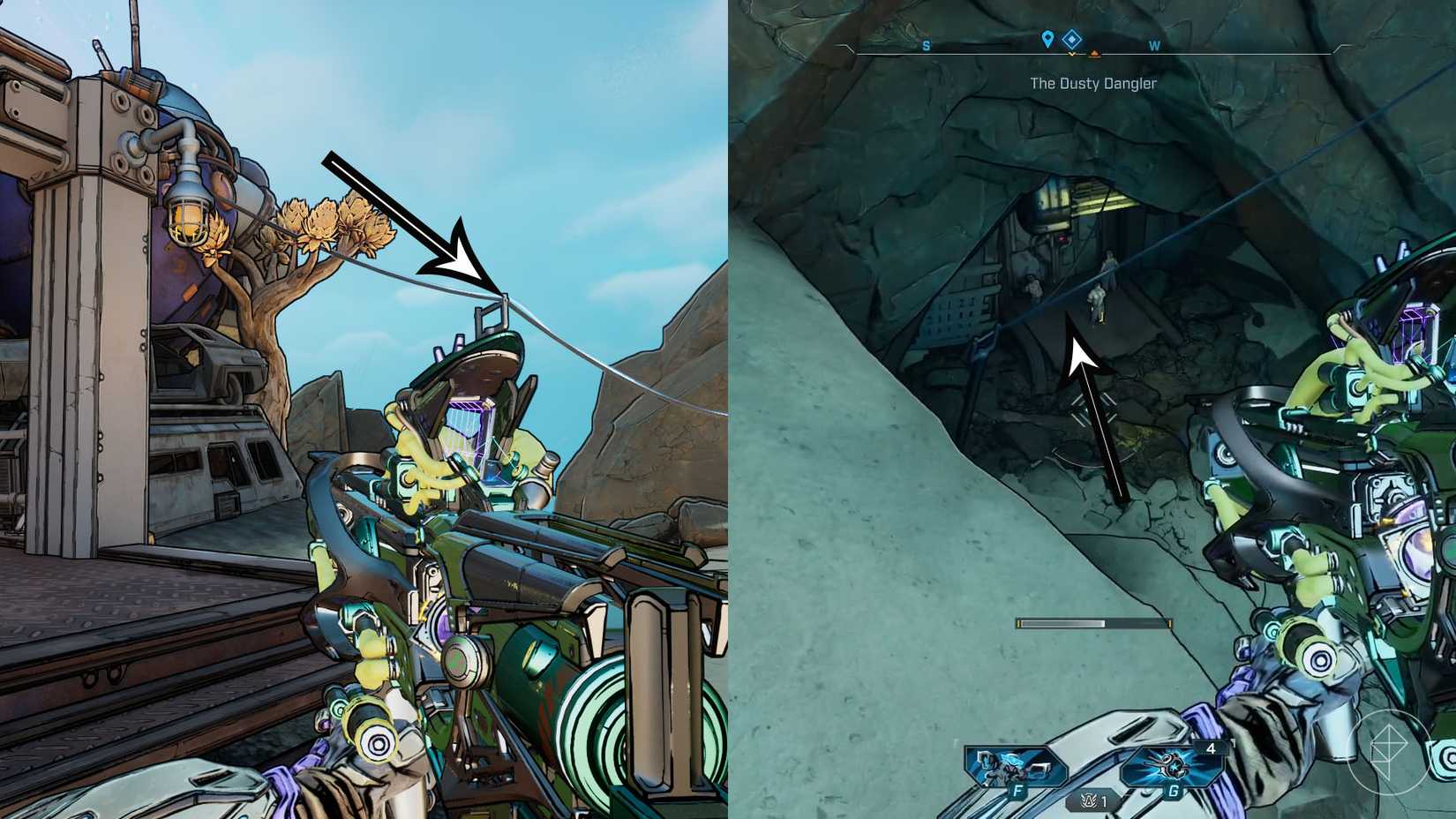 A montage of two Borderlands 4 images showing the location where players can find the Legendary Vending Machine in the "Vend of the Line" side quest